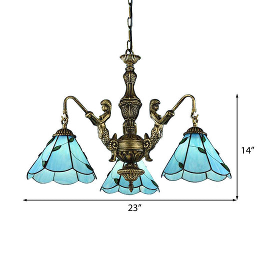 Blue Tiffany Conical Stained Glass Chandelier Ceiling Light - Mermaid Design 3/5 Lights