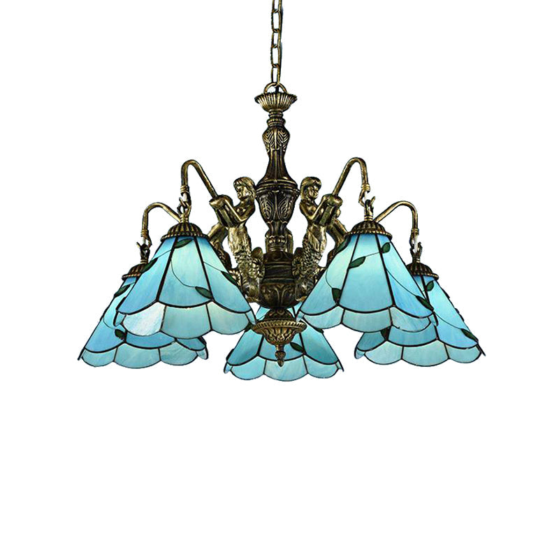 Blue Tiffany Conical Stained Glass Chandelier Ceiling Light - Mermaid Design 3/5 Lights