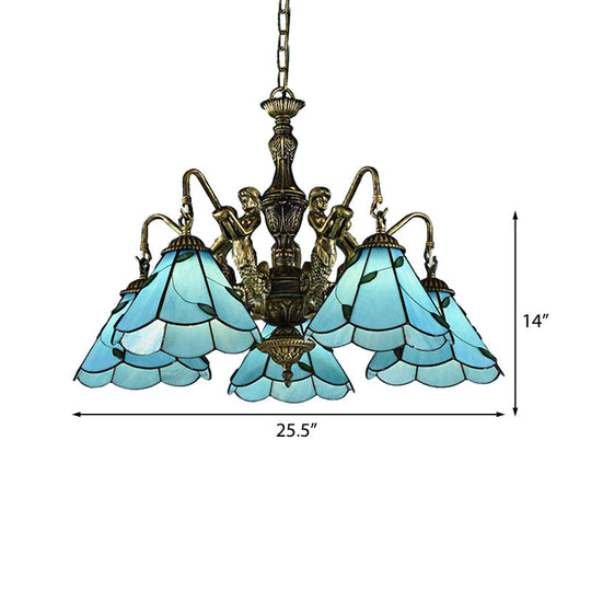 Blue Tiffany Conical Stained Glass Chandelier Ceiling Light - Mermaid Design 3/5 Lights