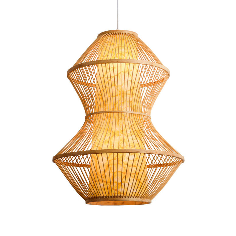 Gourd Shaped Asian Bamboo Pendant Lamp - 19.5"/23.5" Wide - Perfect for Restaurants - Wood Finish