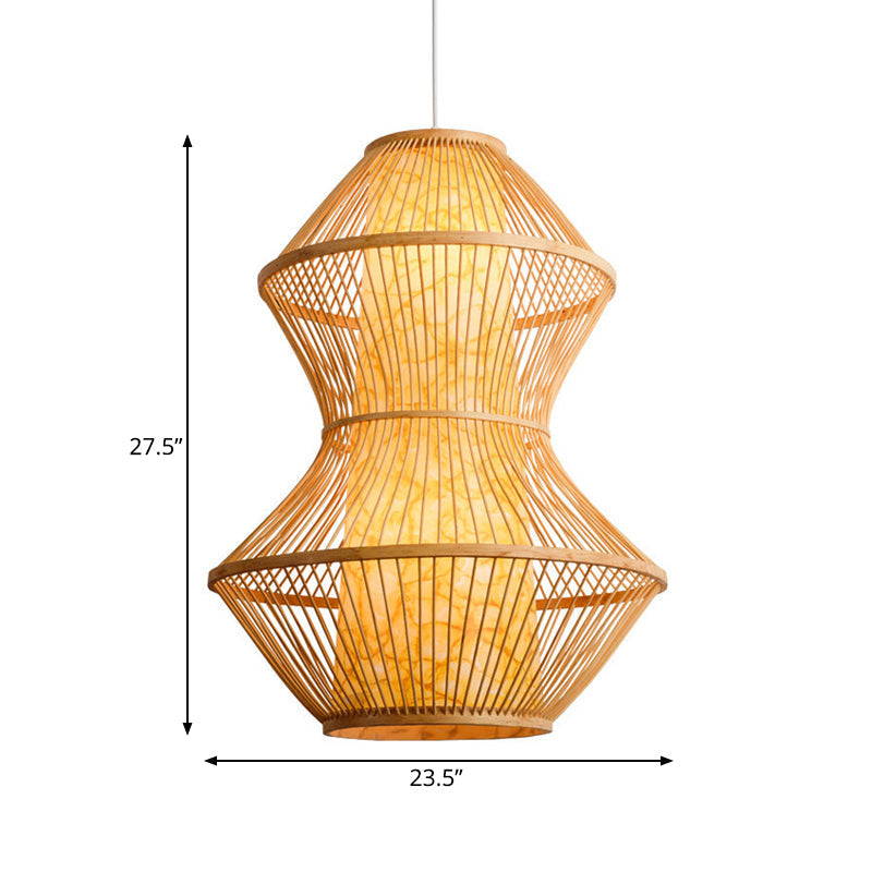 Gourd Shaped Asian Bamboo Pendant Lamp - 19.5"/23.5" Wide - Perfect for Restaurants - Wood Finish