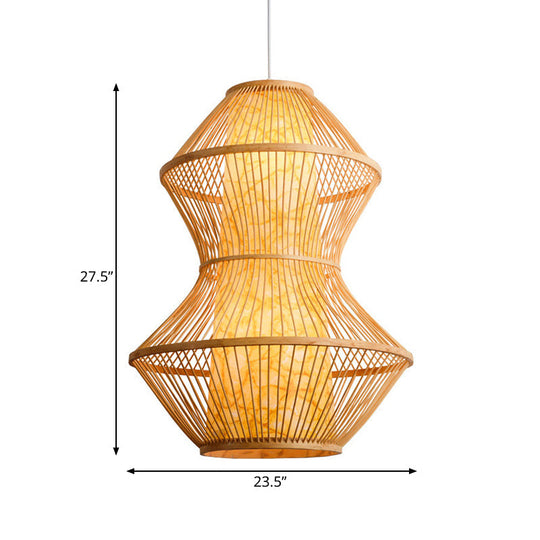 Gourd Shaped Asian Bamboo Pendant Lamp - 19.5"/23.5" Wide - Perfect for Restaurants - Wood Finish