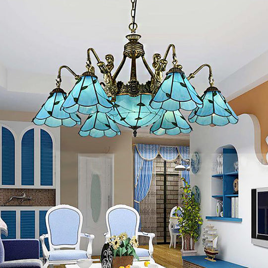 Tiffany Blue Chandelier Light: 9-Lights Dining Room Ceiling Lamp With Stained Glass Cone Shade