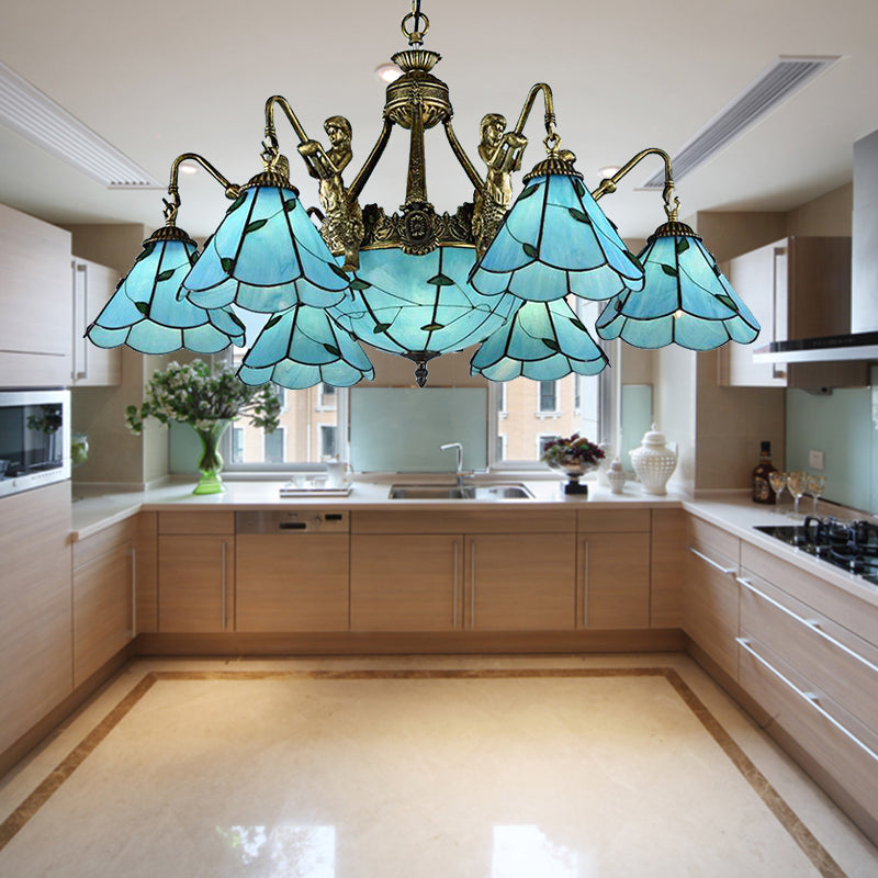 Tiffany Blue Chandelier Light: 9-Lights Dining Room Ceiling Lamp With Stained Glass Cone Shade