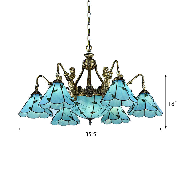 Tiffany Blue Chandelier Light: 9-Lights Dining Room Ceiling Lamp With Stained Glass Cone Shade