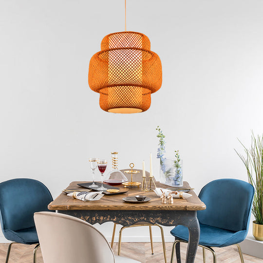 Lantern-Shaped Hanging Light With Cross-Woven Asian Bamboo Design - 18/19.5 W 1 Suspension Lamp For