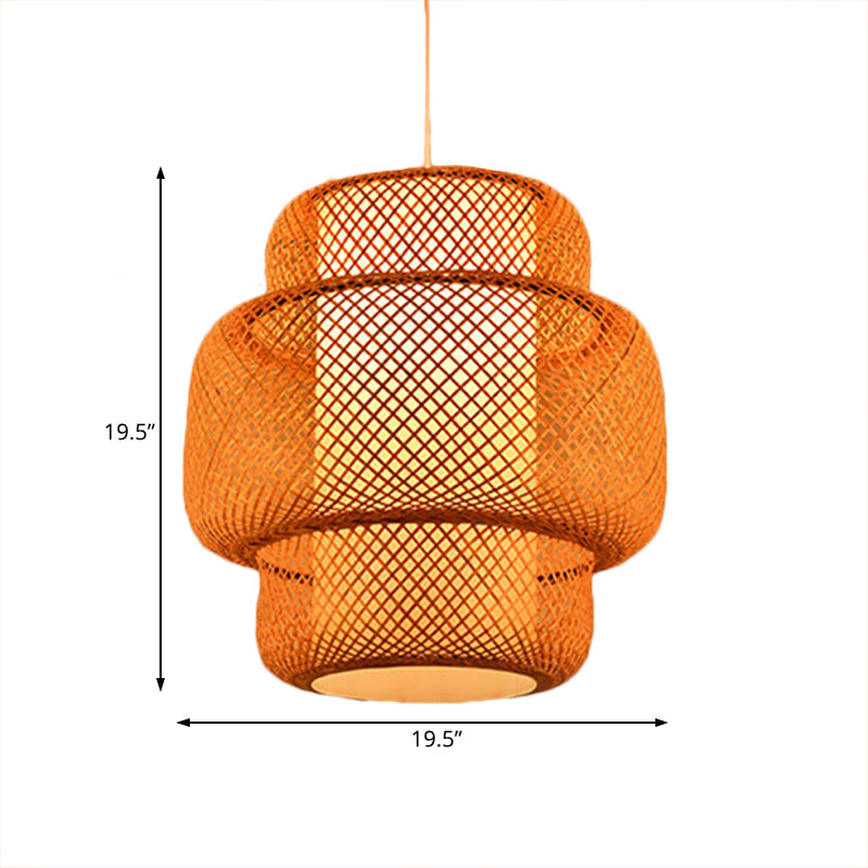 Lantern-Shaped Hanging Light With Cross-Woven Asian Bamboo Design - 18/19.5 W 1 Suspension Lamp For