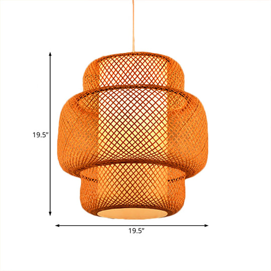 Lantern-Shaped Hanging Light With Cross-Woven Asian Bamboo Design - 18/19.5 W 1 Suspension Lamp For