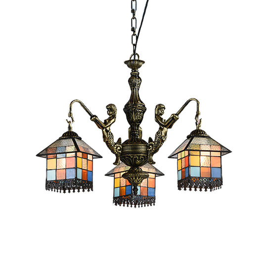 Stunning Tiffany Stained Glass Pendant Chandelier With 3 Lights - Small House Fixture In Clear/Blue