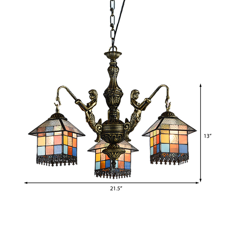 Small House Pendant Chandelier - Stained Glass Tiffany Hanging Fixture with 3 Clear/Blue Lights