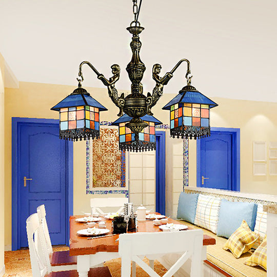 Small House Pendant Chandelier - Stained Glass Tiffany Hanging Fixture with 3 Clear/Blue Lights