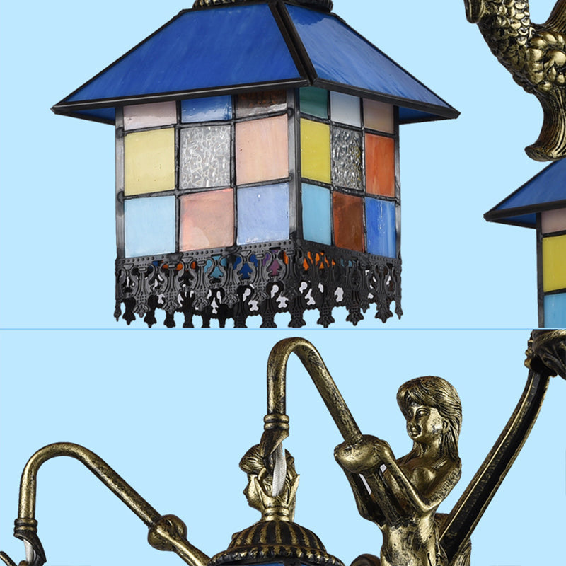 Stunning Tiffany Stained Glass Pendant Chandelier With 3 Lights - Small House Fixture In Clear/Blue