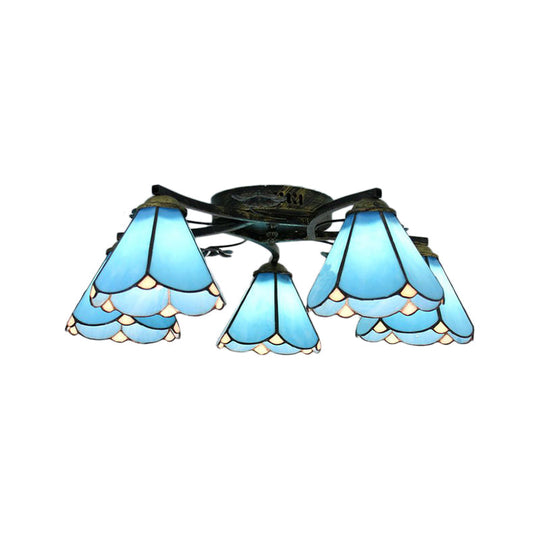 Blue Glass Cone Ceiling Light - Tiffany Style Semi Flush Light with Flower Design - Ideal for Living Room - 5/3 Lights