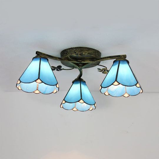 Blue Glass Cone Tiffany Style Semi Flush Ceiling Light With Flower Accents - Ideal For Living Room