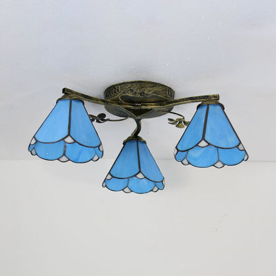 Blue Glass Cone Ceiling Light - Tiffany Style Semi Flush Light with Flower Design - Ideal for Living Room - 5/3 Lights