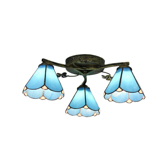 Blue Glass Cone Ceiling Light - Tiffany Style Semi Flush Light with Flower Design - Ideal for Living Room - 5/3 Lights