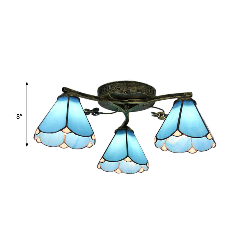 Blue Glass Cone Ceiling Light - Tiffany Style Semi Flush Light with Flower Design - Ideal for Living Room - 5/3 Lights