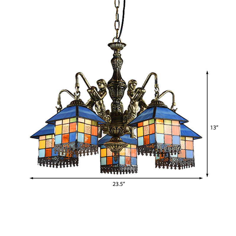 Tiffany Style 5-Light House Stained Glass Chandelier Lamp: Clear/Blue Pendant Lighting