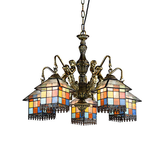 Tiffany-Style Stained Glass Chandelier with 5 Clear/Blue Pendant Lights for House Lighting