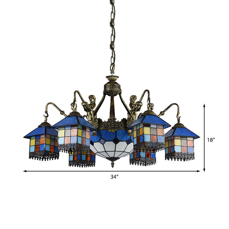 Clear/Blue Stained Glass Chandelier - Tiffany Pendant Lighting With 9 Lights For Dining Room