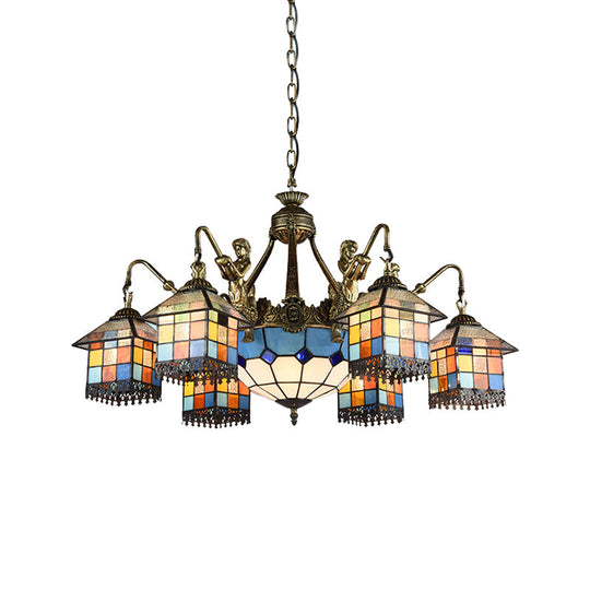 Clear/Blue Stained Glass Chandelier with 9 Tiffany Pendant Lights for Dining Room