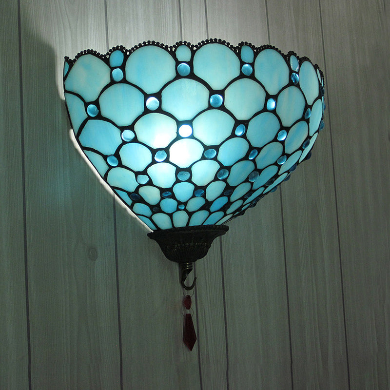 Blue Stained Glass Tiffany Style Fish Scale Bowl Wall Mount Light