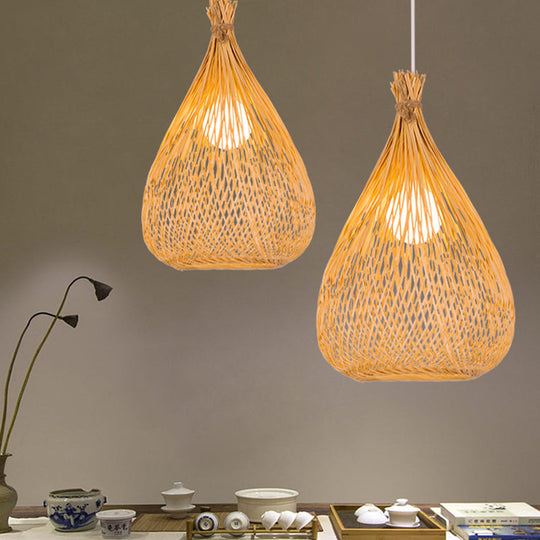 Japanese Beige Bamboo Pendant Light - Hand-Woven Teardrop Shade Single Down Lighting For Restaurants