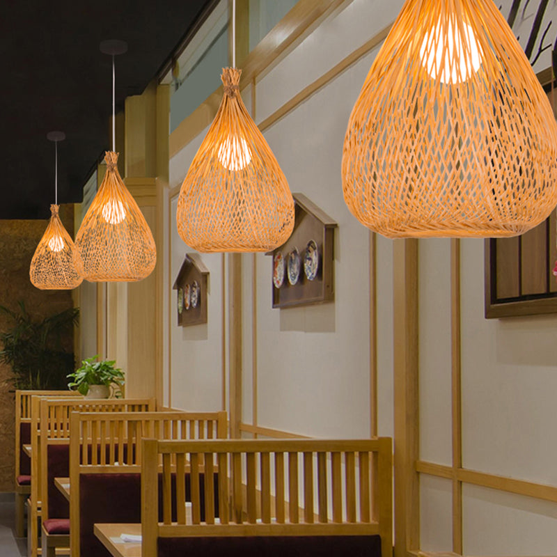 Hand-Woven Bamboo Pendant Light - Beige Teardrop Shade, Japanese Single Light - Perfect for Restaurants!