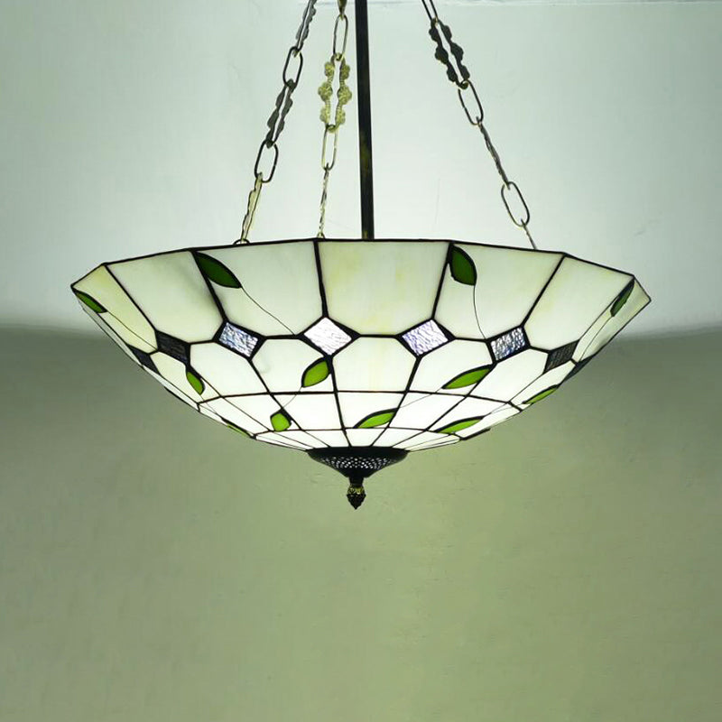 Retro Style Stained Glass Chandelier - 12"/16"/19.5" W Bowl Shade Ceiling Pendant with Leaf Pattern in Beige - Perfect for Dining Room