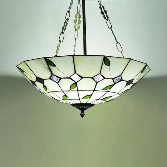 Retro Style Stained Glass Bowl Pendant Chandelier In Beige With Leaf Pattern - Ideal For Dining Room