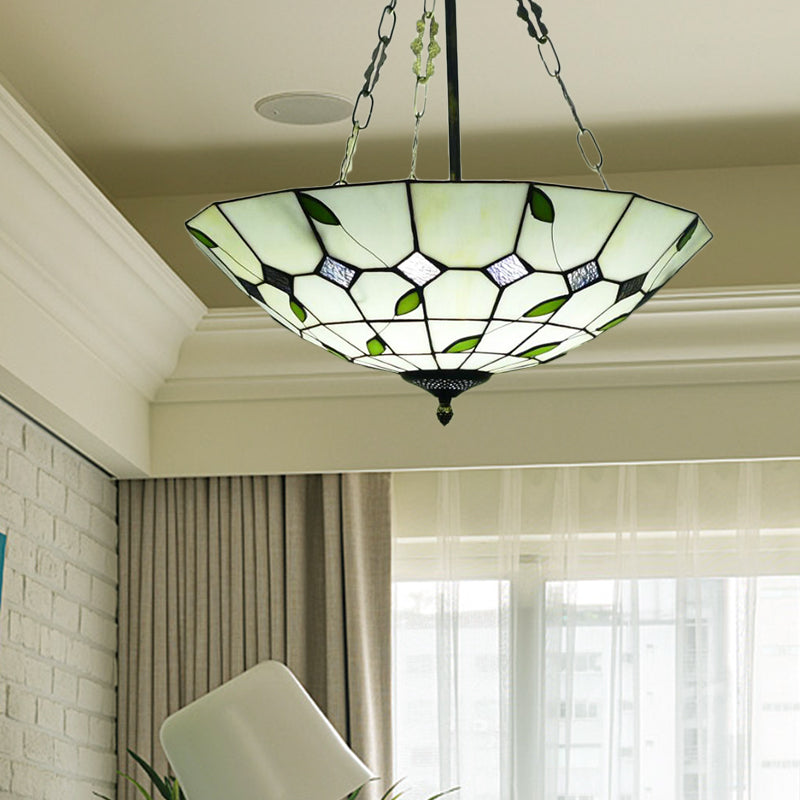 Retro Style Stained Glass Bowl Pendant Chandelier In Beige With Leaf Pattern - Ideal For Dining Room