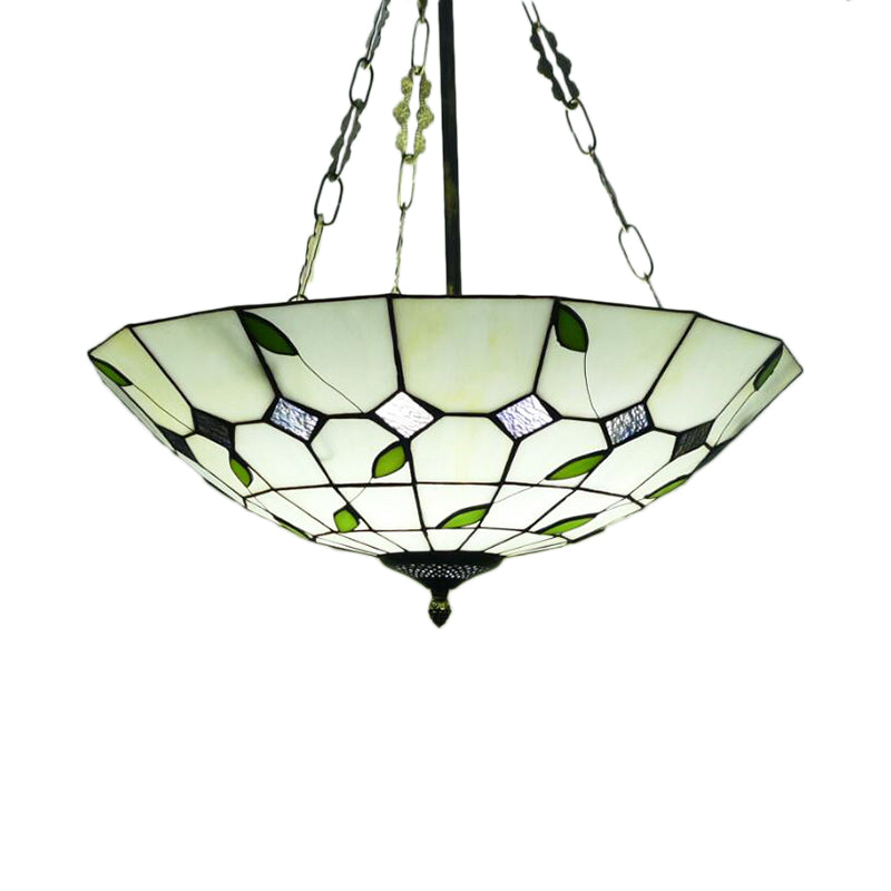 Retro Style Stained Glass Bowl Pendant Chandelier In Beige With Leaf Pattern - Ideal For Dining Room