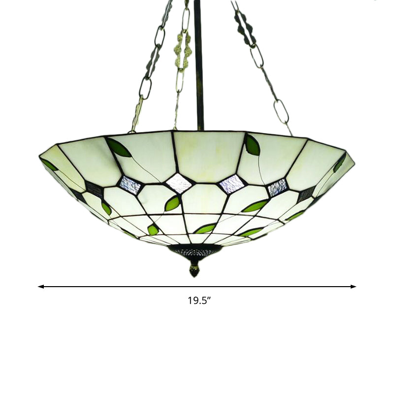 Retro Style Stained Glass Bowl Pendant Chandelier In Beige With Leaf Pattern - Ideal For Dining Room