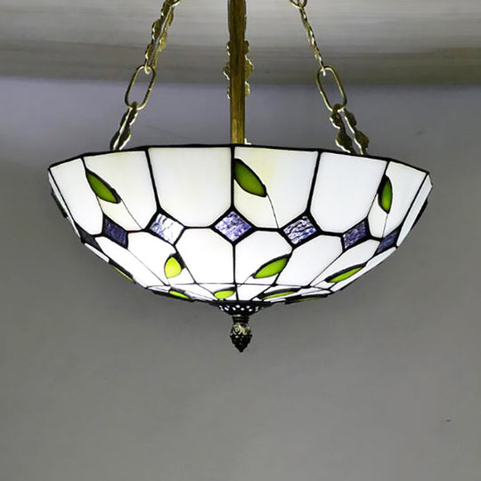 Retro Style Stained Glass Bowl Pendant Chandelier In Beige With Leaf Pattern - Ideal For Dining Room