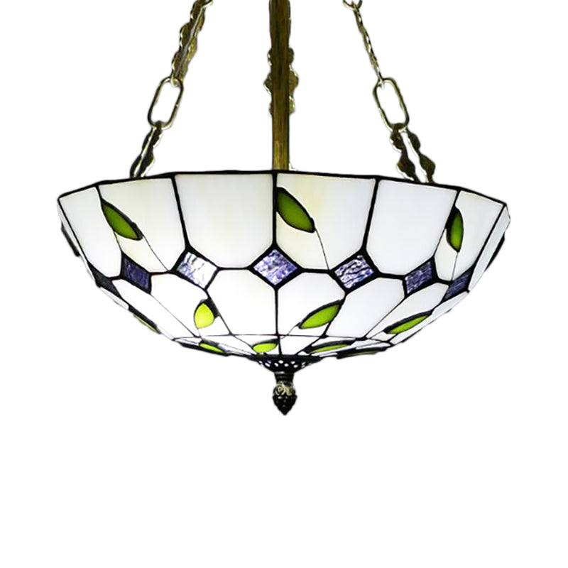 Retro Style Stained Glass Bowl Pendant Chandelier In Beige With Leaf Pattern - Ideal For Dining Room