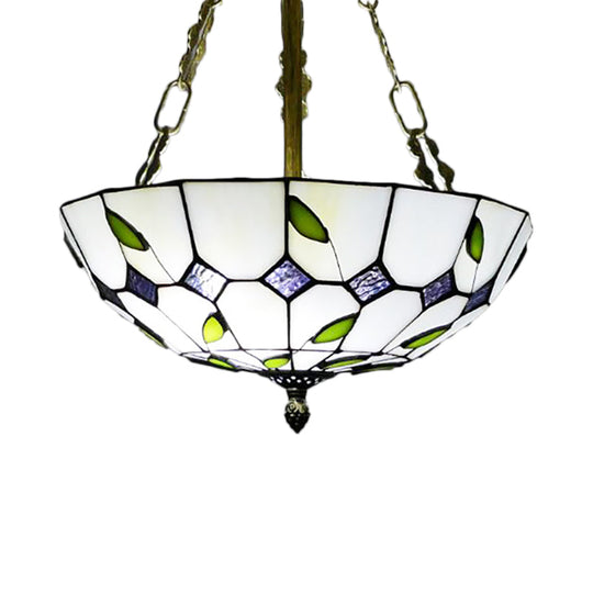 Retro Style Stained Glass Bowl Pendant Chandelier In Beige With Leaf Pattern - Ideal For Dining Room