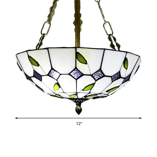 Retro Style Stained Glass Bowl Pendant Chandelier In Beige With Leaf Pattern - Ideal For Dining Room