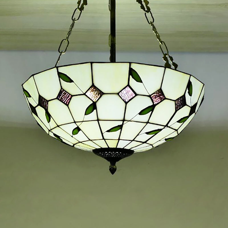 Retro Style Stained Glass Bowl Pendant Chandelier In Beige With Leaf Pattern - Ideal For Dining Room