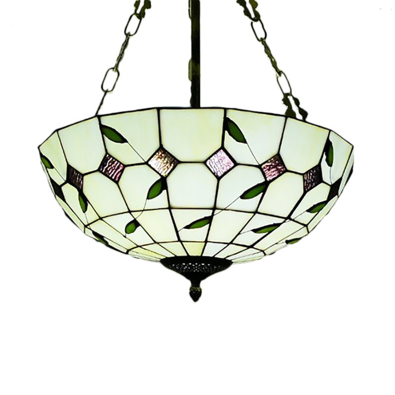 Retro Style Stained Glass Bowl Pendant Chandelier In Beige With Leaf Pattern - Ideal For Dining Room