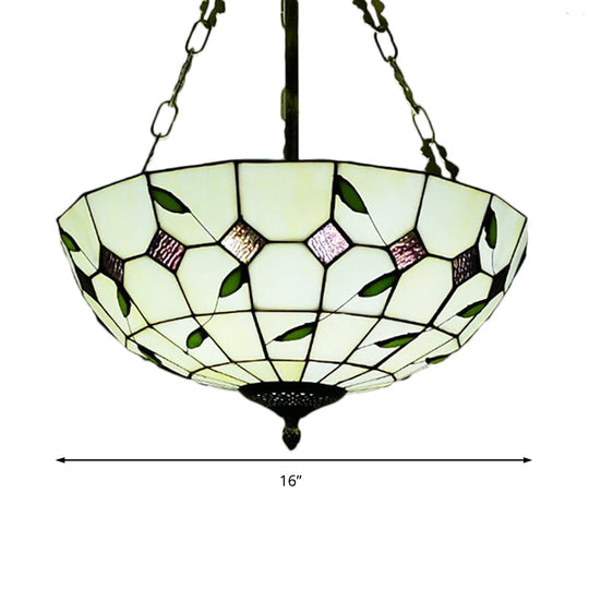 Retro Style Stained Glass Chandelier - 12"/16"/19.5" W Bowl Shade Ceiling Pendant with Leaf Pattern in Beige - Perfect for Dining Room