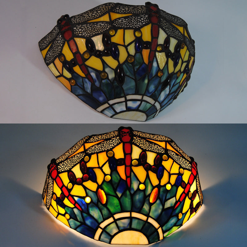 Rustic Dragonfly Stained Glass Sconce: 1-Light Wall Mount In Yellow & Green