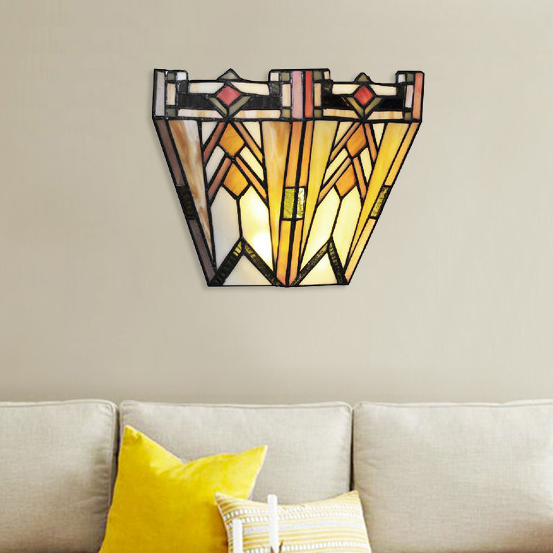 Craftsman Stained Glass Wall Lamp: Geometric Design 1 Light Sconce In Beige For Living Room Lighting