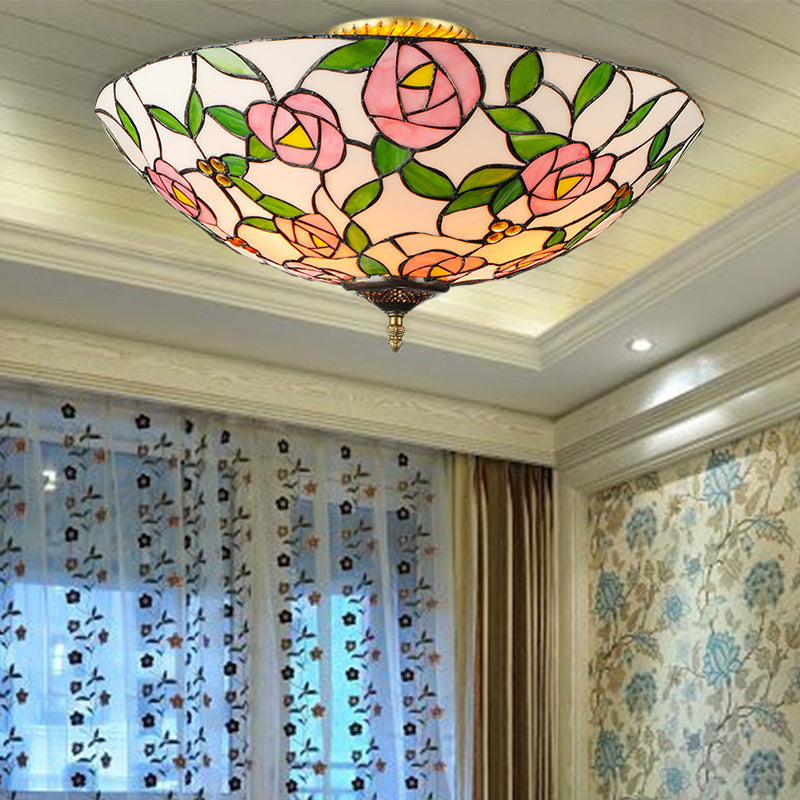 Vintage Tiffany Stained Glass Flush Ceiling Light with Pink and Green Bowl Design