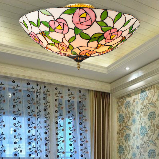 Vintage Tiffany Stained Glass Flush Ceiling Light with Pink and Green Bowl Design