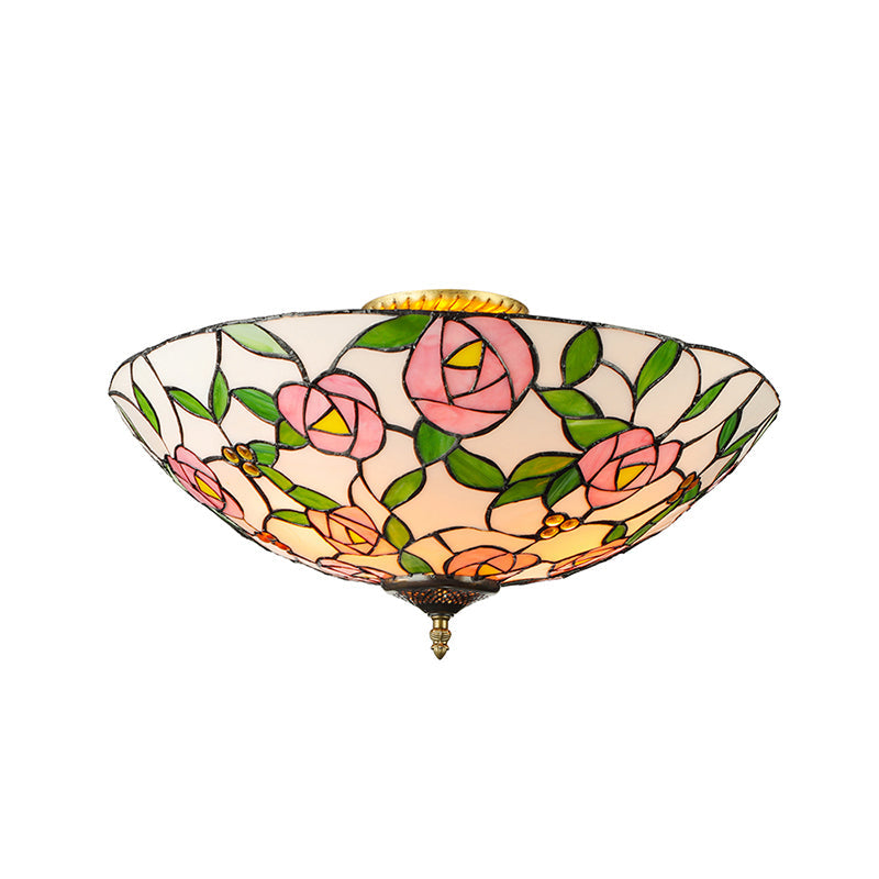 Vintage Tiffany Stained Glass Flush Ceiling Light with Pink and Green Bowl Design