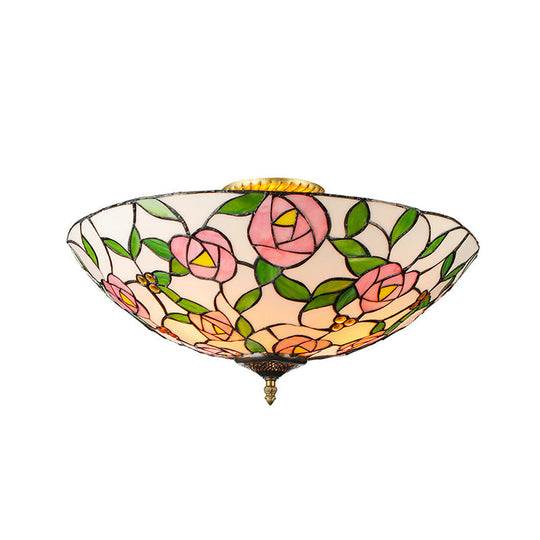 Vintage Tiffany Stained Glass Flush Ceiling Light with Pink and Green Bowl Design