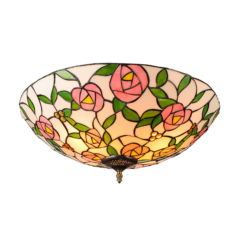 Vintage Tiffany Stained Glass Flush Ceiling Light with Pink and Green Bowl Design