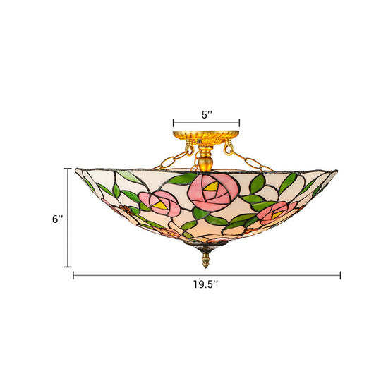 Vintage Tiffany Stained Glass Flush Ceiling Light with Pink and Green Bowl Design