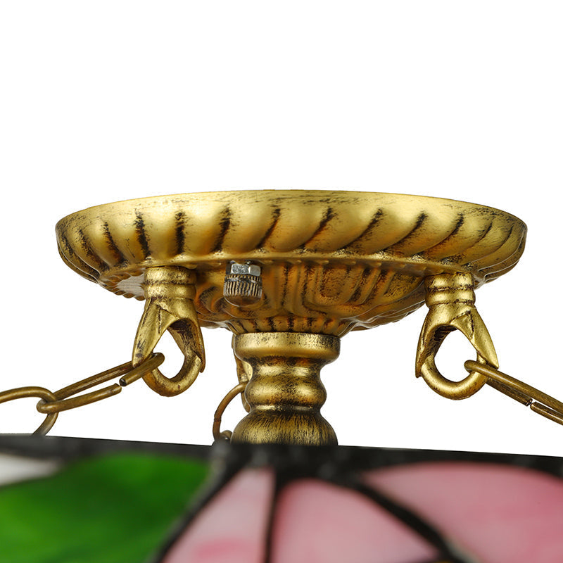 Vintage Tiffany Stained Glass Flush Ceiling Light with Pink and Green Bowl Design