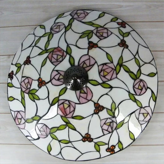 Vintage Tiffany Stained Glass Flush Ceiling Light with Pink and Green Bowl Design